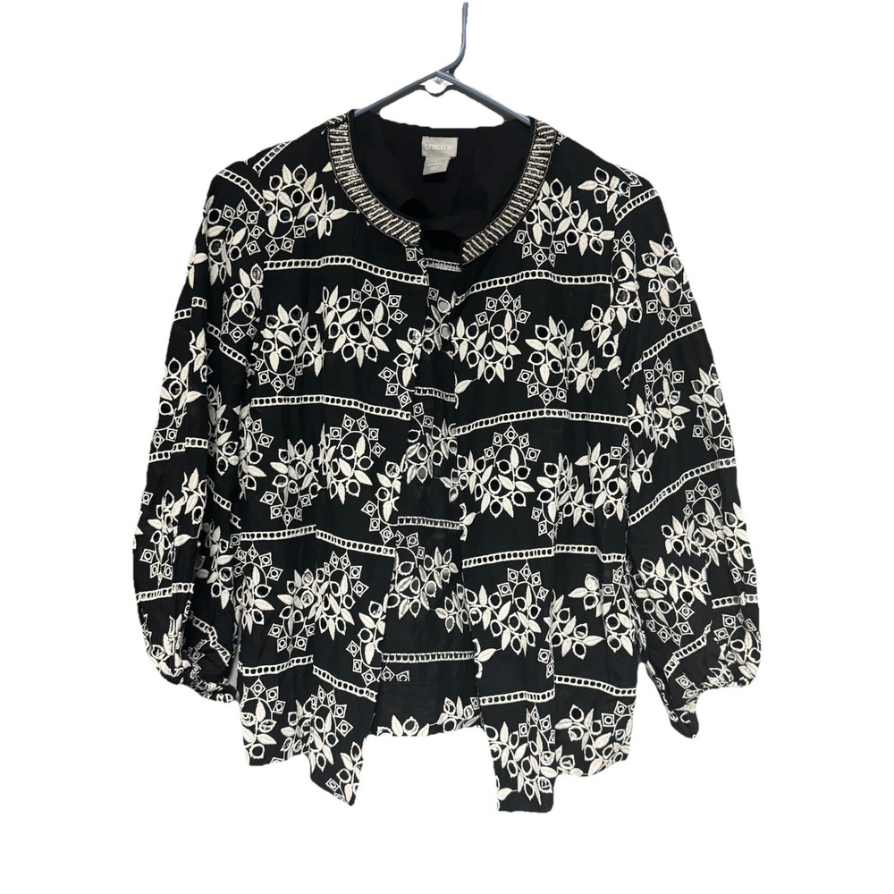 Chico's Black White Embroidered Beaded Cardigan Jacket‎ Women's Size 1 See Desc
